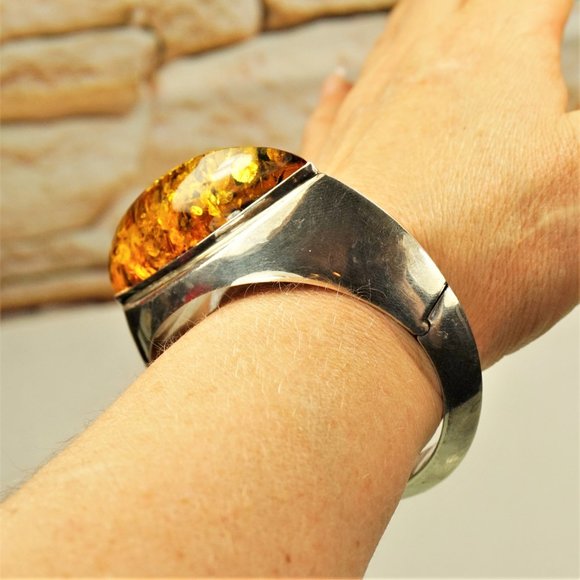 HUGE AMBER 925 SILVER BANGLE BRACELET, RARE TO FIND JEWELRY - Picture 4 of 11